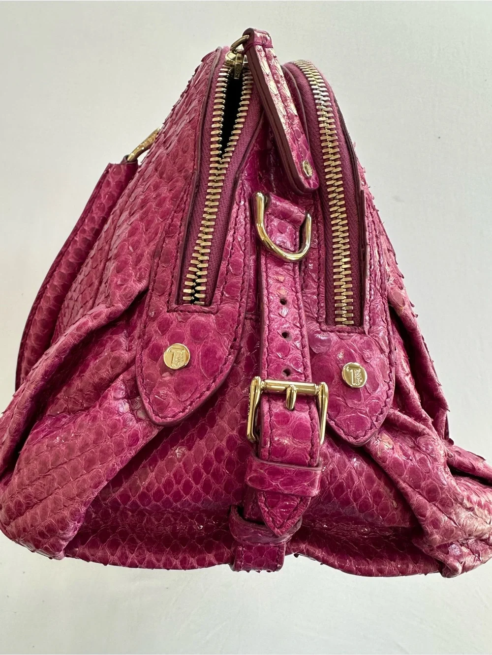 TOD'S Fuchsia Genuine Python  Satchel with Gold Hardware